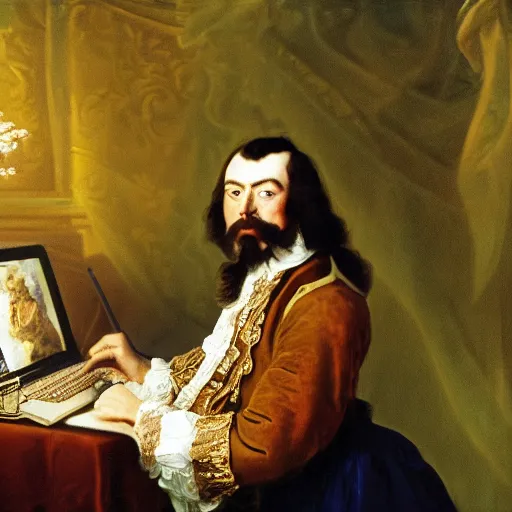 Prompt: russian tsar Peter The Great in holland camisole, clean-shaven 18th century installs operating system on desktop computer oil painting, detailed, artfully traced, 4k resolution, cinematic, dramatic by FYODOR ROKOTOV AND THOMAS GAINSBOROUGH