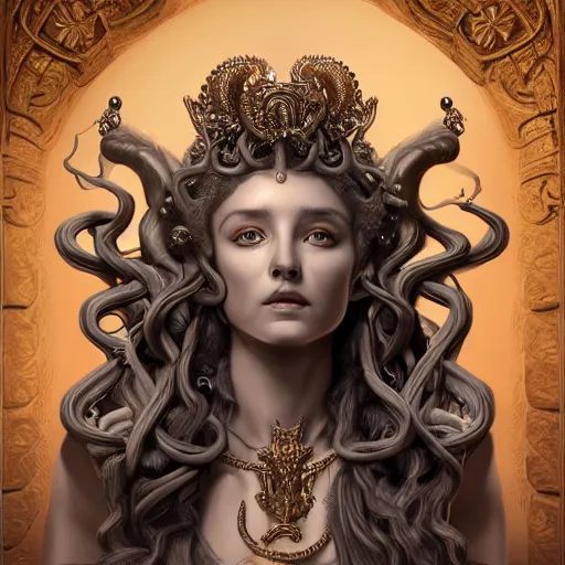 Image similar to intricate detailed artwork of medusa sat on a throne. concept art, artstation, deviantart, cgsociety. 4 k