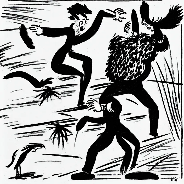 Prompt: a still frame from comic strip, person fighting with a black hairy furry bird 1 9 5 0, herluf bidstrup, new yorker illustration, monochrome contrast bw, lineart, manga, tadanori yokoo, simplified,