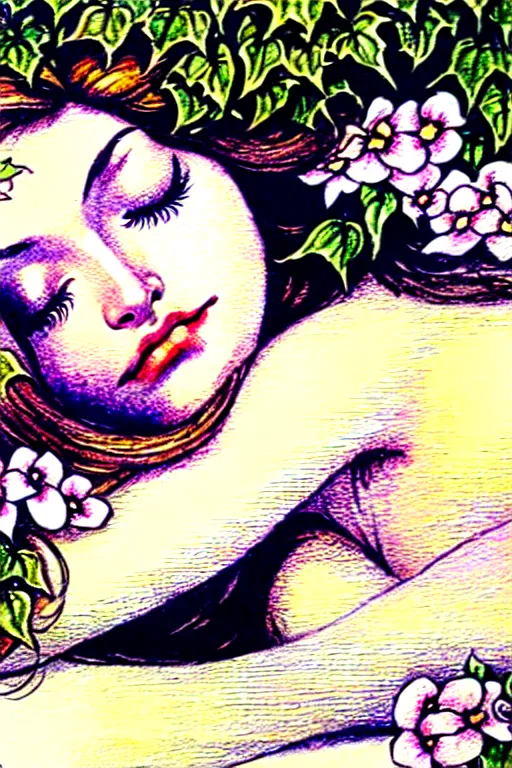 Image similar to closeup face shot of sleeping woman with long hair on a bed surrounded by ivy and flowers, fantasy art, trending on artstation, sleeping beauty fairytale, art by luis royo and walter crane and kay nielsen, watercolor illustration,