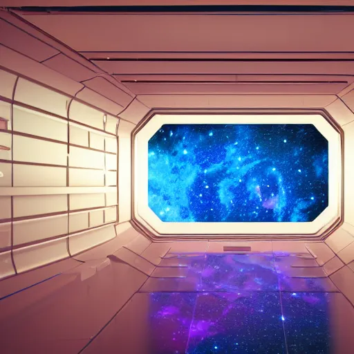 Image similar to 8 k hd detailed octane render of a spaceship corridor with a colorful nebula outside the window