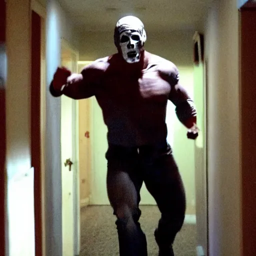 Image similar to john cena running from michael myers down a hallway of a house that was built in the 8 0's