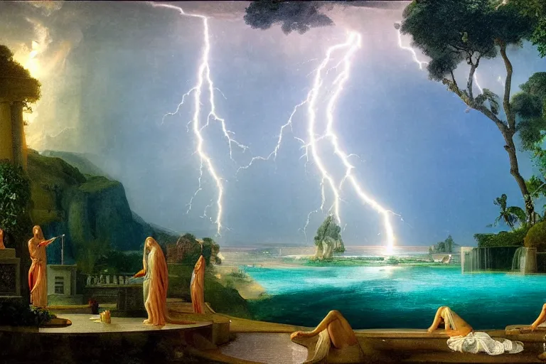 Image similar to Palace of the chalice, refracted sparkles, thunderstorm, greek pool, beach and Tropical vegetation on the background major arcana sky and occult symbols, by paul delaroche, hyperrealistic 4k uhd, award-winning, very detailed paradise