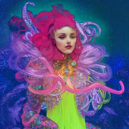 Image similar to a photograpic portrait of a anthropomorphic mimosa wearing colorful neon clothes, fantasy, intricate, elegant, highly detailed, digital painting, artstation, concept art, smooth, sharp focus, illustration, art by artgerm and H R Giger and alphonse mucha