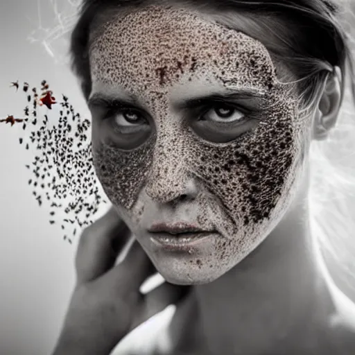 Image similar to photo portrait of a woman's face covered in killer - bees