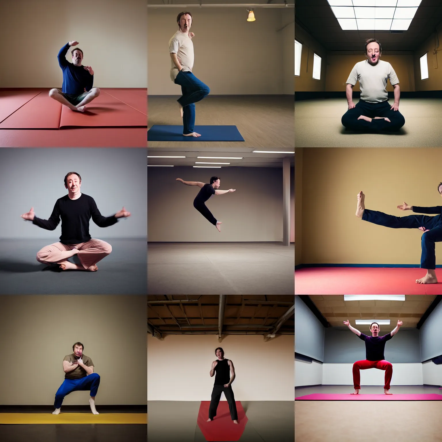 Prompt: comedian David Mitchell levitating off the ground in a cross-legged pose in an empty dojo, soft lighting, warm colors