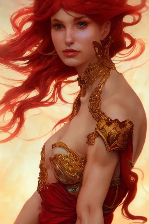 Image similar to portrait of a lithe stunningly beautiful red headed ifrit genie - kin paladin, female, upper body, fantasy, intricate, elegant, highly detailed, digital painting, artstation, concept art, sharp focus, illustration, art by artgerm and greg rutkowski and alphonse mucha