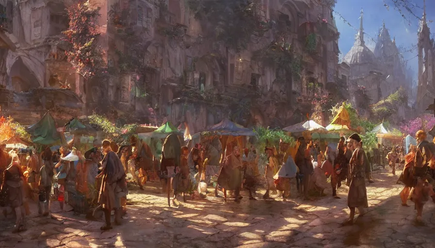 Image similar to craig mullins and ghibli digital illustration of a festival in the medieval city of the fae, faeries, fanciful, colorful, unreal engine, hyper realism, realistic shading, cinematic composition, realistic render, octane render, detailed textures, photorealistic, wide shot,