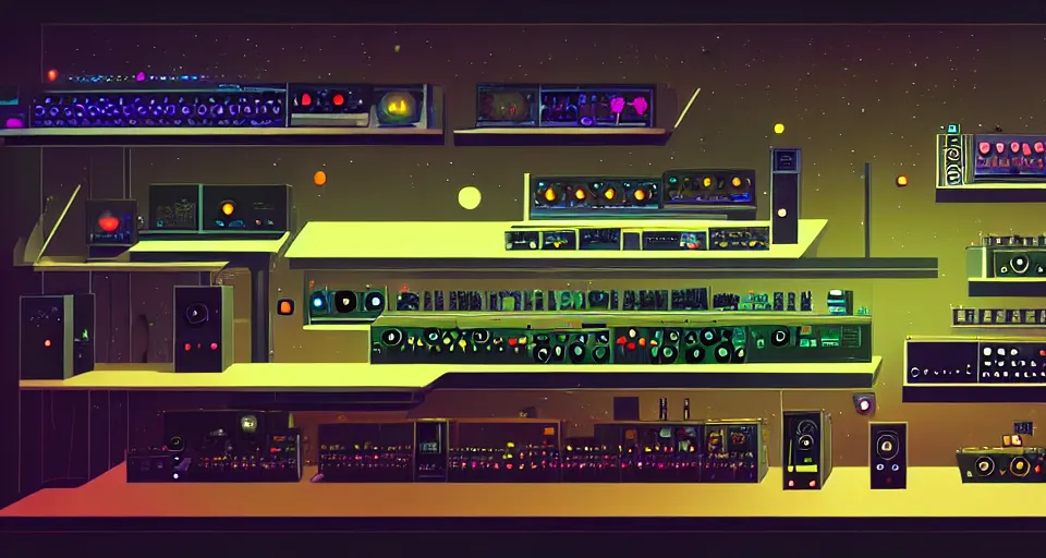 Prompt: a shelf of amazing futuristic synthesizers, cinematic lighting, detailed, beautiful colors, by greg rutowski and studio ghibli