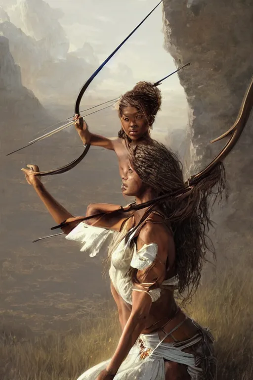 Image similar to artstation concept of a beautiful girl holding a bow and arrow, brown skin, sweaty skin, symmetrical face, casual white garment, white desert background, shiny colorful, hyperdetailed, artstation trending, world renowned artists, worth1000.com, cgsociety, by greg rutkowski, by Gustave Doré, Deviantart