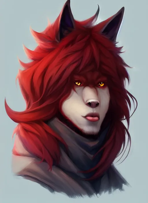 Image similar to character concept art of a black anthropomorphic furry male wolf long red hair | | cute - fine - face, pretty face, key visual, realistic shaded perfect face, fine details by stanley artgerm lau, wlop, rossdraws, james jean, andrei riabovitchev, marc simonetti, and sakimichan, trending on artstation