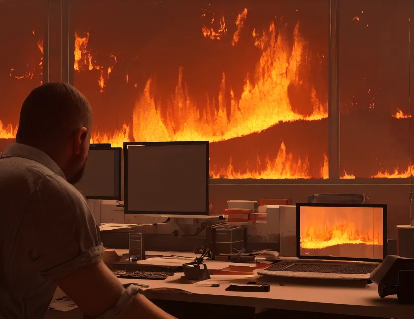 Prompt: a man sit at a workstation in a big office and looks at the burning fires, close up, featured in artstation, intricate, ultra detailed, unreal engine, concept art, wide - angle lens, sharp focus, illustration, 8 k