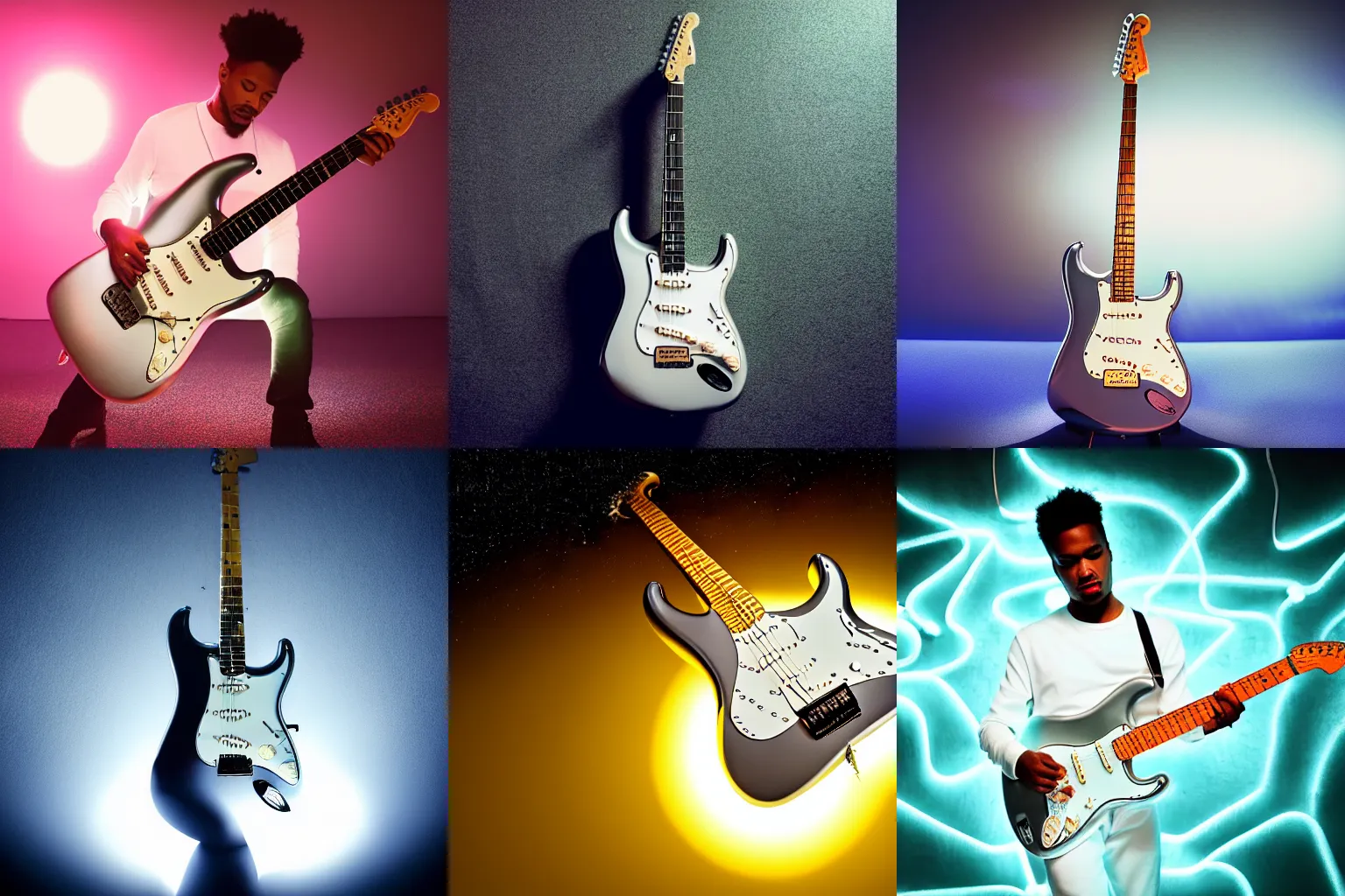 Prompt: a R&B music album cover of an stratocaster silver electric guitar with its strings glowing, in a spacey environment, cinematic dramatic lighting, uncropped, no frame, no text