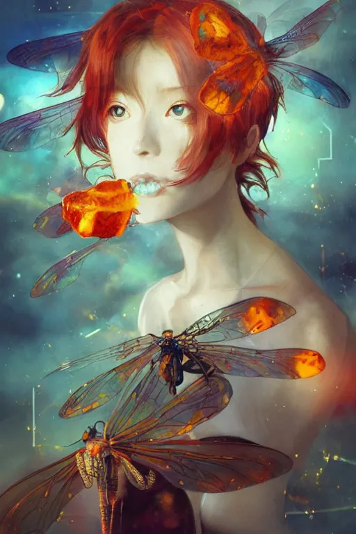 Image similar to surreal gouache painting, by yoshitaka amano, by ruan jia, by Conrad roset, by good smile company, detailed anime 3d render of big transparent amber stone with a magical electric dragonfly inside the amber. amber stone on the Dj mixer portrait, cgsociety, artstation, rococo mechanical and Digital and electronic, dieselpunk atmosphere