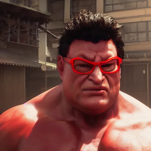 Image similar to wayne knight as e. honda street fighter, ultra realistic, concept art, intricate details, highly detailed, photorealistic, octane render, 8 k, unreal engine, art by frank frazetta, simon bisley, brom