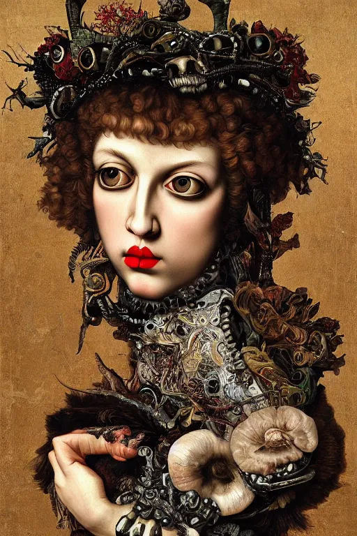 Image similar to Detailed maximalist portrait with large lips and with large, wide eyes, angry expression, extra bones, flesh, HD mixed media, 3D collage, highly detailed and intricate, surreal, illustration in the style of Caravaggio, dark art, baroque