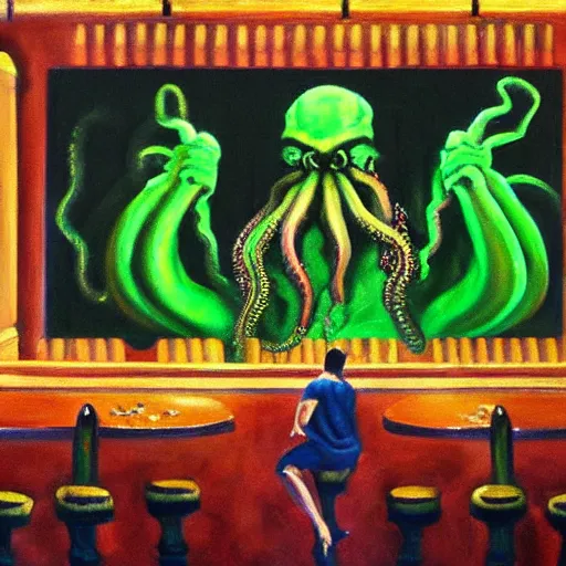 Image similar to oil painting of cthulhu playing in a casino, masterpiece