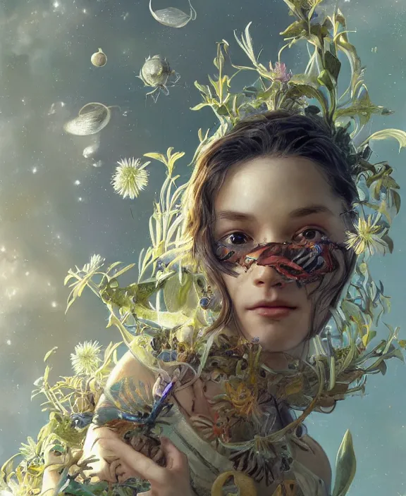 Image similar to portrait of a insect creature, adorable, childlike, milky way environment, ultra realistic, concept art, intricate details, cheerful, highly detailed, photorealistic, octane render, 8 k, unreal engine. art by christopher marley and artgerm and greg rutkowski and alphonse mucha