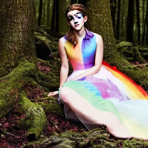 Image similar to photo of emma watson wearing a rainbow wedding gown sitting in a forest