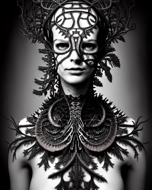 Image similar to surreal dark poetic black and white photo portrait of complex bio-mechanical beautiful young silver female vegetal-cyborg with a Mandelbrot fractal steampunk metal fine lace face, a very long neck and a fine metal floral foliage super big lace collar by Alexander McQueen:: smoke, high fashion, haute couture, rococo, steampunk, silver filigree details, anatomical, facial muscles, cable wires, microchip, elegant, dreamy, foggy atmosphere, hyper realistic, 150 mm lens, soft rim light, octane render, unreal engine, picture was taken in 1910 by Man Ray, volumetric lighting, dramatic light,8k,