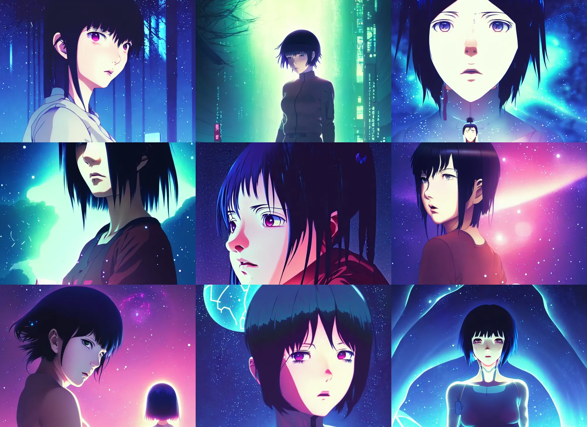 Prompt: ghost in the shell, anime key visual, young woman traveling in a forest at night, night sky, nebula, very dark, cute face by ilya kuvshinov, yoh yoshinari, dynamic pose, dynamic perspective, rounded eyes, kyoani, smooth facial features, dramatic lighting,