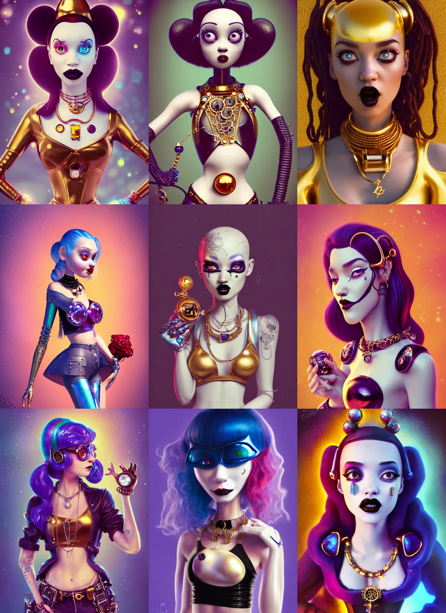 Prompt: disney pixar 8 k photo, beautiful shiny white porcelain rich grand pearlescent goth edc steampunk clowncore cyborg college woman, rapper bling jewelry, crop top, golden ratio, sci fi, fantasy, cyberpunk, intricate, decadent, highly detailed, digital painting, octane render, artstation, concept art, smooth, sharp focus, illustration, art by loish, wlop