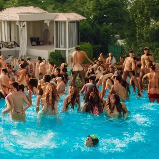 Prompt: movie still from euphoria, epic pool party, 4 k