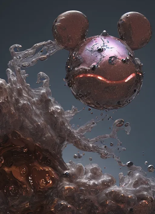 Image similar to mickey mouse head, fractal, broken, wet, mycelium, radiant alien, rococo, baroque, automotive, bio-mechanical, porcelain, iridescent sub surface scattering, octane render