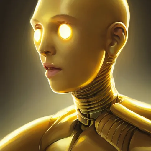 Prompt: A yellow skinned female android with half head shaved revealing metal robot head by Stanley Artgerm Lau, WLOP, Rossdraws, James Jean, Andrei Riabovitchev, Marc Simonetti, and Sakimichan, trending on artstation