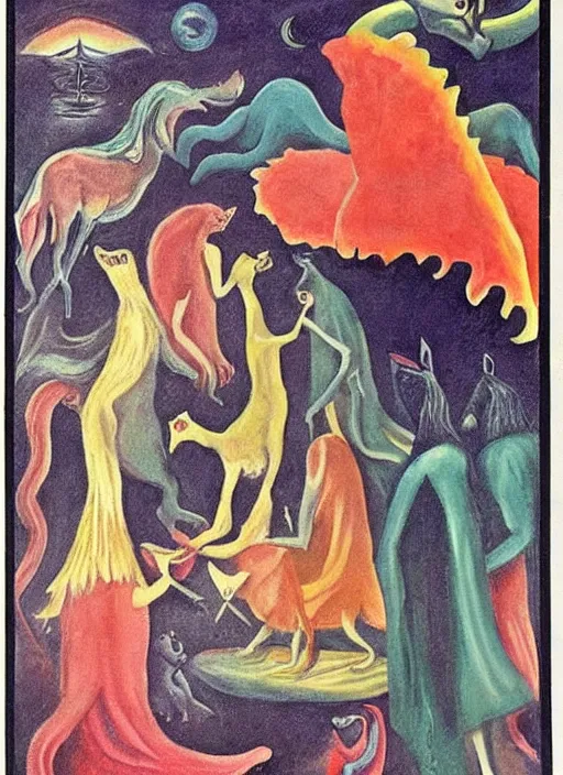 Prompt: tarot card by leonora carrington in the style of a psychedelic 6 0's poster