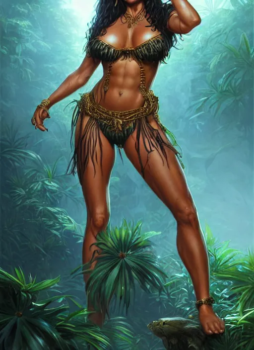 Image similar to tia carrere jungle queen, intricate, elegant, glowing lights, highly detailed, digital painting, artstation, glamor pose, concept art, smooth, sharp focus, illustration, art by artgerm and greg rutkowski, artey freytag