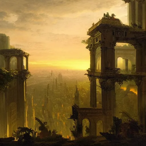 Image similar to vista of a city at sunset, the city is a sprawling renaissance city that is built amidst hilly cyclopean tombs and overgrown by the rainforest, rpg, hubert robert, cityscape, vista, dying earth, gene wolfe