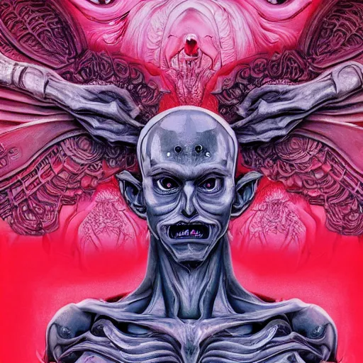 Image similar to 4K headshot of godlike Alien with defined arms and open hands and bloody clothes with giant mandala wings , intricate face , flawless anime cel animation by Kentaro Miura, psychedelic , highly detailed upper body , professionally post-processed , beautiful, scary, symmetry accurate features, epic, octane rendered, anime masterpiece, accurate by Craig Mullins, ilya kuvshinov, krenz cushart, epic , artgerm trending on artstation by Edward Hopper and Dan Mumford and WLOP and Rutkovsky, beksinski carl spitzweg moebius and tuomas kocar, intricate artwork by caravaggio, Unreal Engine 5, Lumen, Nanite