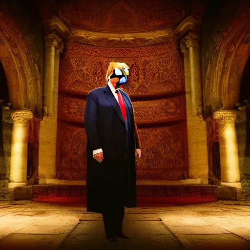 Prompt: donald trump as an ancient priest inside a mysterious ancient church, volumetric lighting, cinematic, portrait, headshot