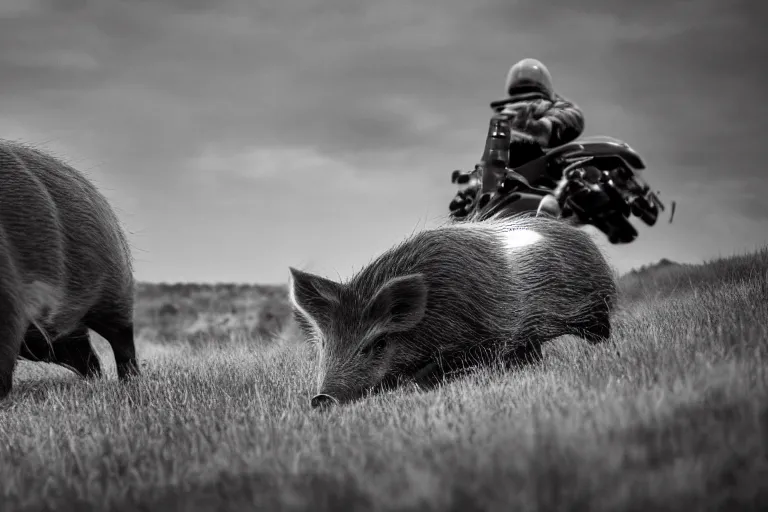 Prompt: a wild hog charging at us from the hill, cinematic imax shot, monochromatic retro, hyper detailed, windy, motion still