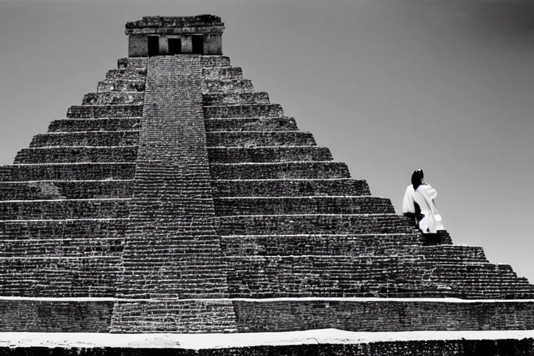 Prompt: full body photo portrait of ancient attractive provocative aztec beauty on top of the stone aztec pyramid as a priest during ritual, masses of people in the distance , old photo, highly detailed, fashion photography,award winning photo, black and white, by Annie Leibovitz, Ansel Adams, Dayanita Singh