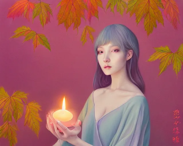 Prompt: highly detailed pastel colors painting of an symmetric ethereal witch with a candle, morphing into autumn leaves, by artgerm and hsiao - ron cheng, smooth composition, fine patterns and detail