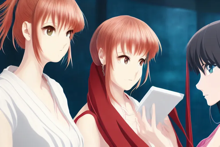 Image similar to portrait of two wise and very beautiful women discussing some texts appearing in a computer screen, art by ufotable, matte, intricate, elegant, highly detailed, smooth, sharp focus, artstation