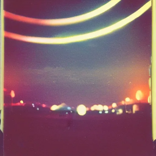 Prompt: a ring of lights flying through the sky, ufo!!, blurry photo, old polaroid, expired film, historical photo,