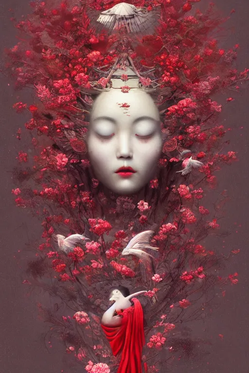 Prompt: breathtaking detailed red gardian mao baby in glace sphere free thibet concept art painting art deco pattern of birds goddesses amalmation flowers, by hsiao ron cheng, tetsuya ichida, bizarre compositions, exquisite detail, extremely moody lighting, 8 k