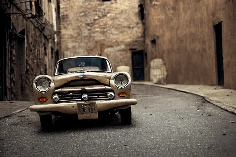 Prompt: street photography by saul leiter, in an italian alley, award winning photo of an ultra detailed intricate dirty vintage ford car speeding very fast on mud, fast shutter speed, motion blur, tiny gaussian blur, highly detailed, highly intricate, depth of field, trending on top gear