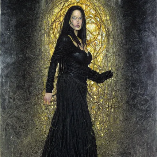 Prompt: portrait of a witch, dressed in black clothes, embroidered with gold, by donato giancola.