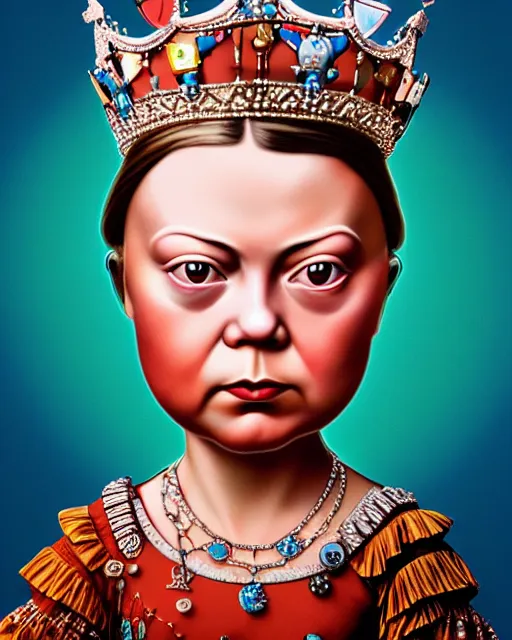 Prompt: closeup profile face portrait of a tin toy greta thunberg as queen victoria wearing a crown and sitting on a throne, bikini, hyper realistic, artstation, illustration, nicoletta ceccoli, mark ryden, lostfish, max fleischer, digital paint, matte paint, vivid colors, bright, cheerful, detailed and intricate environment