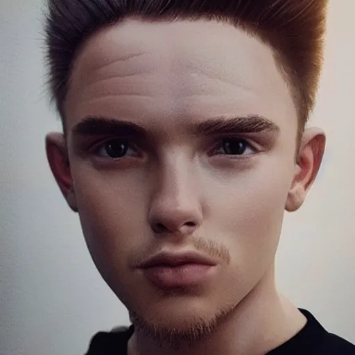 Image similar to “a realistic detailed photo of a guy who is an attractive humanoid who is half robot and half humanoid, who is a male android, Brooklyn Beckham, shiny skin, posing like a statue, blank stare”