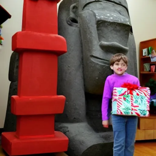 Image similar to a kid at christmas disappointed that his present was a giant moai statue