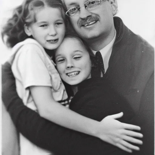 Prompt: 8 year old white girl being hugged by her dad, argus argoflex ef camera, f 1 8 7 5 mm lens, 1 9 4 2