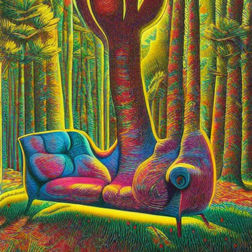 Image similar to psychedelic couch sofa in the pine forest, goose, milky way, designed by moebius, rob gonsalves, gustav dore, giuseppe arcimboldo and carl barks, louis wain, trending on artstation, canada, star, sharp focus, colorful refracted sparkles and lines, soft light, 8 k 4 k