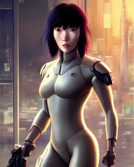 Image similar to weta disney pixar movie still portrait photo of motoko kusanagi the major ghost in the shell : : as cyborg woman by pixar : : by weta, wlop, ilya kuvshinov, rossdraws, artgerm, marvel, maxim cover, latex, octane render, sweaty, iridescent, bright morning, anime, liosh, mucha : :