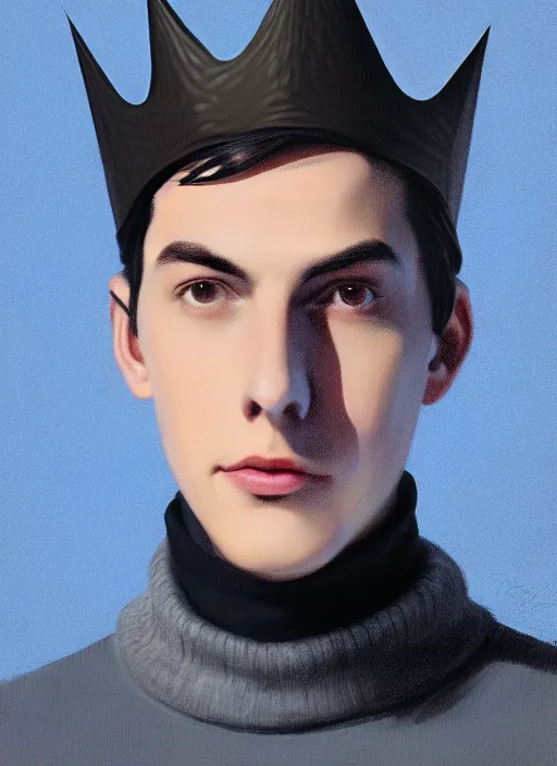 Image similar to portrait of teenage jughead jones wearing a light grey crown, crown, blue turtleneck, 1 9 5 0 s, closed eyes, photorealistic, black hair, glowing lighting, intricate, elegant, glowing lights, highly detailed, digital painting, artstation, concept art, smooth, sharp focus, illustration, art by wlop, mars ravelo and greg rutkowski