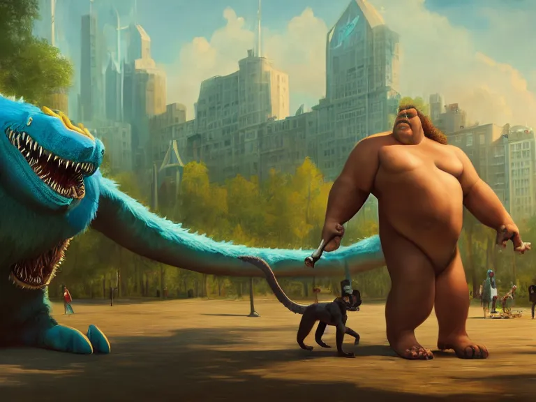 Image similar to adorable anthropomorphic gigantic cerulean furry leviathan monster, playing with andre the giant, in a park surrounded by a city, rpg reference, oil painting, trending on artstation, octane render, insanely detailed, 8 k, hd